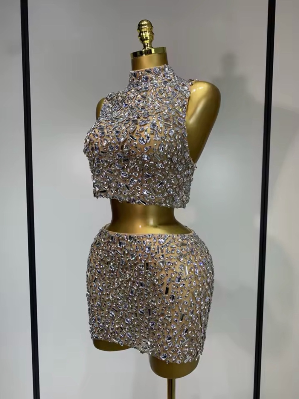 AKIRA Silver Sequin Two-Piece Mini Dress crystal rhinestone embellished set - Picture 3 of 8